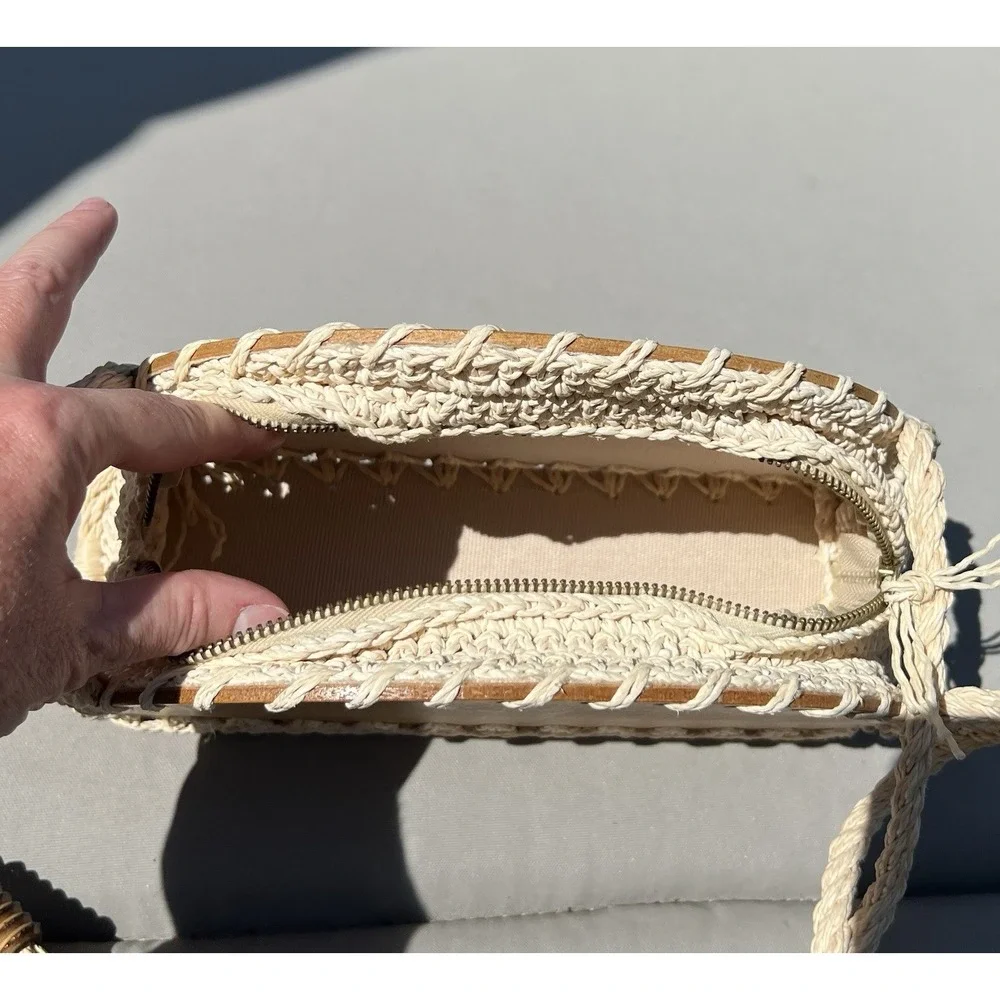 Vintage 60s Walborg Straw Rope Bag Shoulder‎ Bag Wooden Base Boho Cottagecore